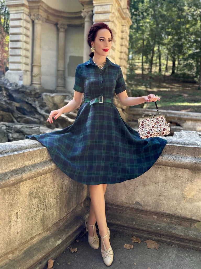 GRÜN 1950ER PLAID KURAZARM SWING KLEID