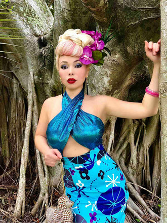 Blau 1960er Halter Abstrakt Blumen Körperbetont Kleid