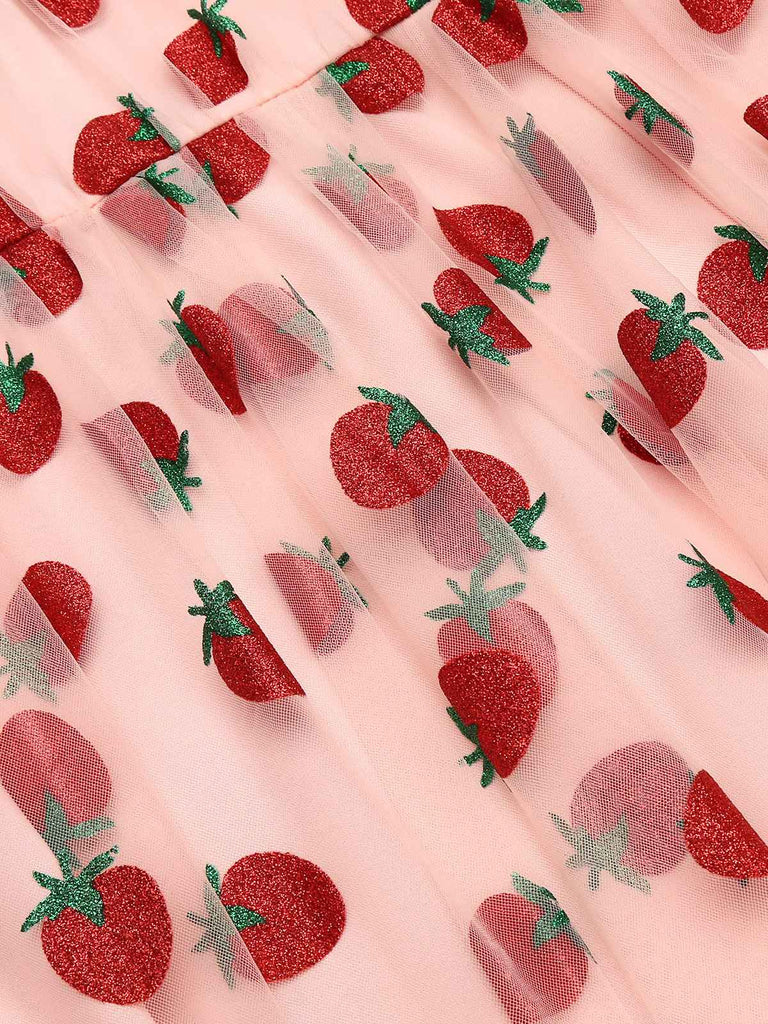 Rosa 1950er Spitze Erdbeere Swing Kleid