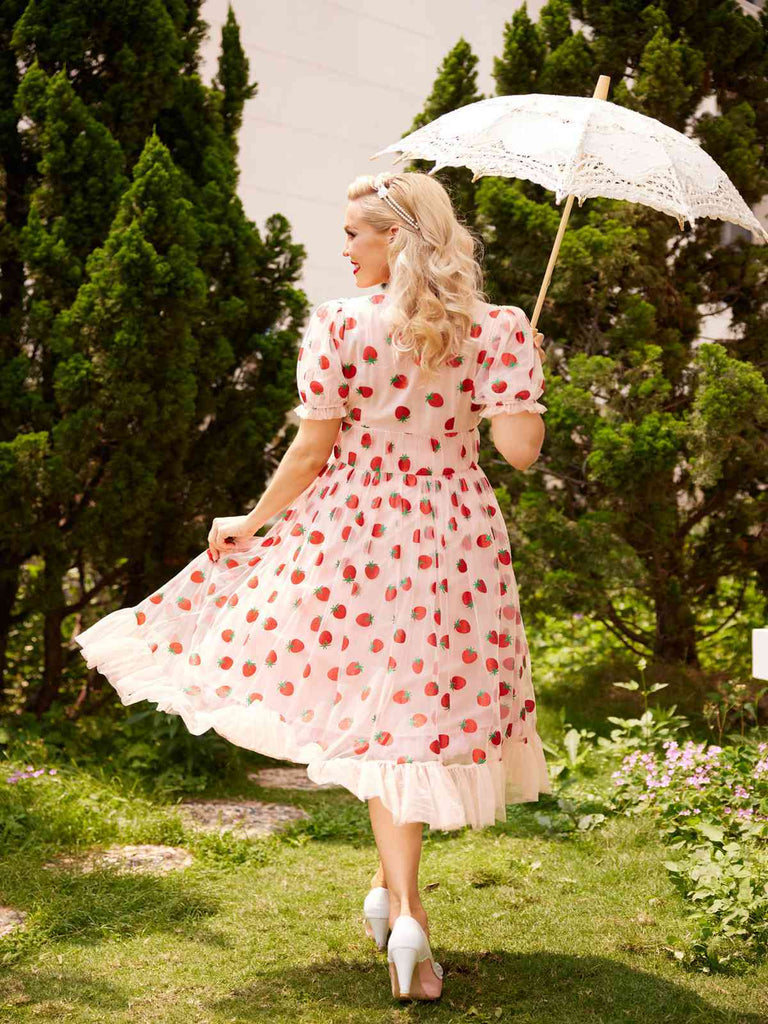 Rosa 1950er Spitze Erdbeere Swing Kleid