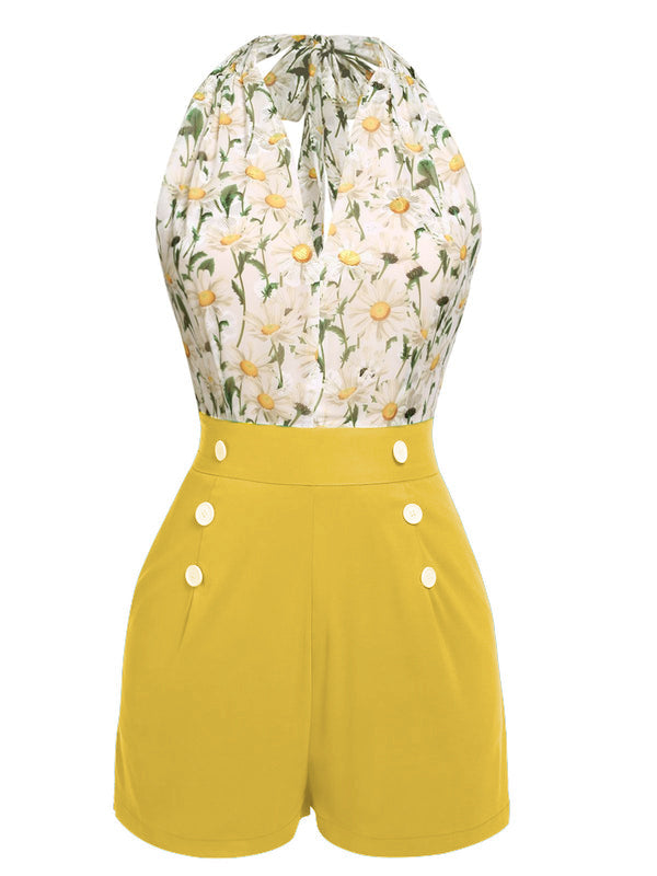 [Vorverkauf] Grün 1950er Blumen Halter Schnürung Vintage Romper