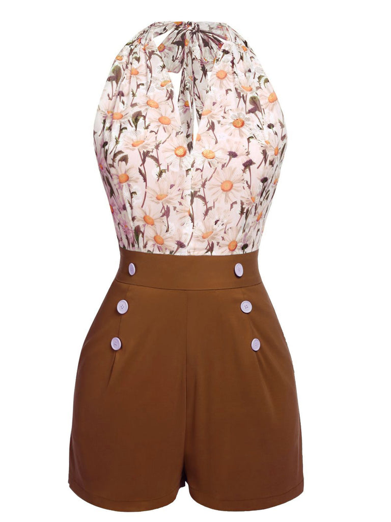 [Vorverkauf] Grün 1950er Blumen Halter Schnürung Vintage Romper