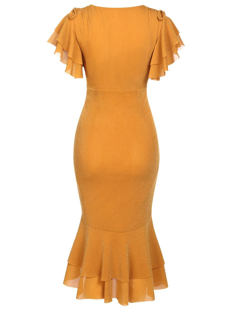 Dunkelgrün 1930er Rüsche Schnürschuh Fischschwanz Kleid