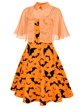Orange 1950er Halloween Fledermaus Kostüm Kap Patchwork Kleid