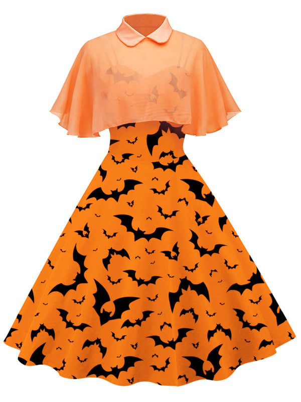 Orange 1950er Halloween Fledermaus Kostüm Kap Patchwork Kleid