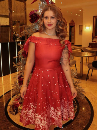 Rot 1950er Weihnachten Schulterfrei Schneeflocke Kleid