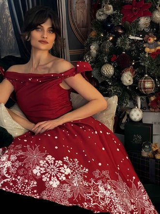Rot 1950er Weihnachten Schulterfrei Schneeflocke Kleid