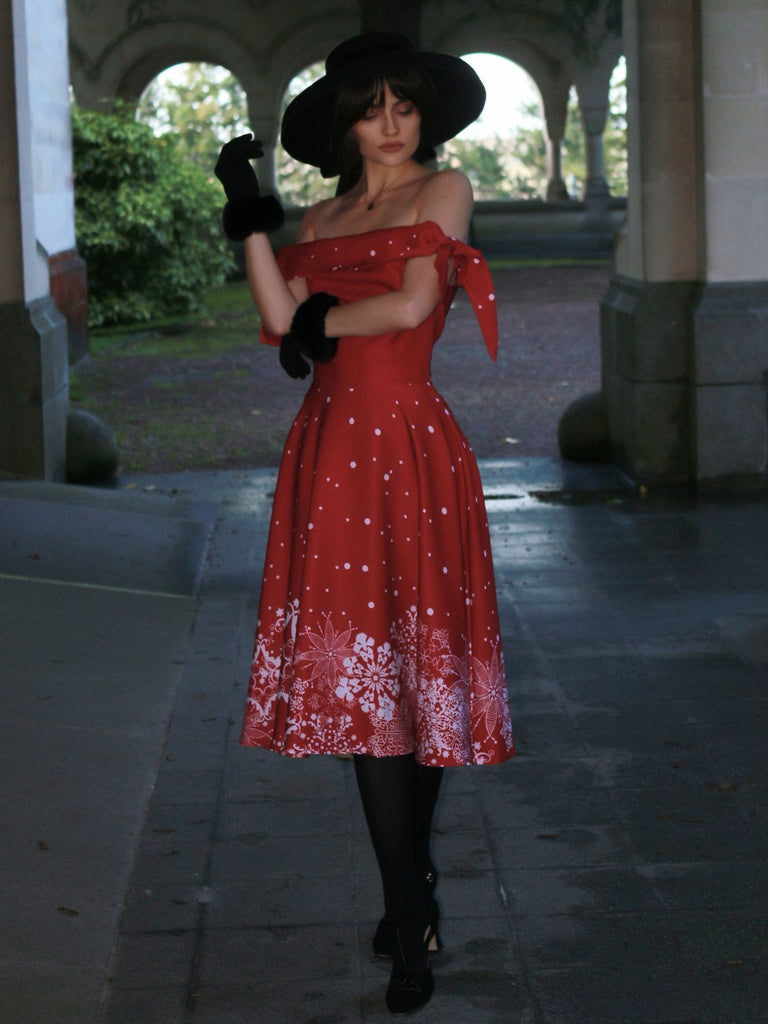 Rot 1950er Weihnachten Schulterfrei Schneeflocke Kleid