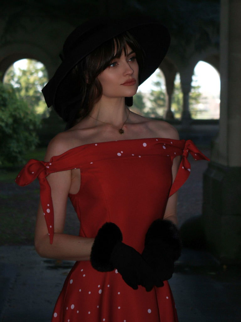 Rot 1950er Weihnachten Schulterfrei Schneeflocke Kleid