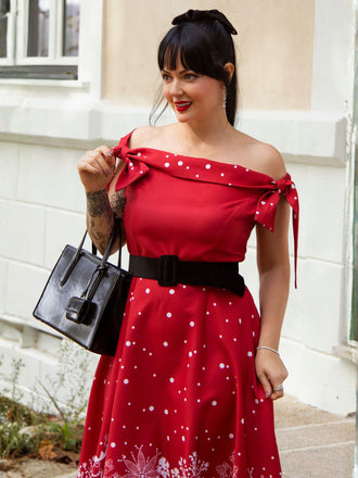 Rot 1950er Weihnachten Schulterfrei Schneeflocke Kleid