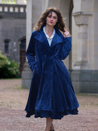 Marineblau 1950er Samt Lang Mantel