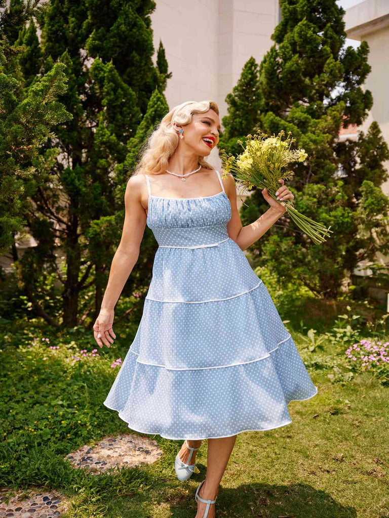 Grün 1950er Tupfen Trägern Swing Kleid