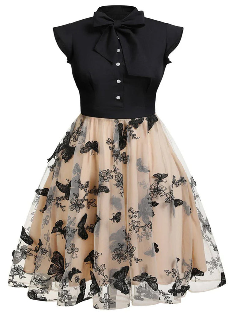 [Übergröße] Schwarz 1950er Schmetterling Patchwork Vintage Kleid