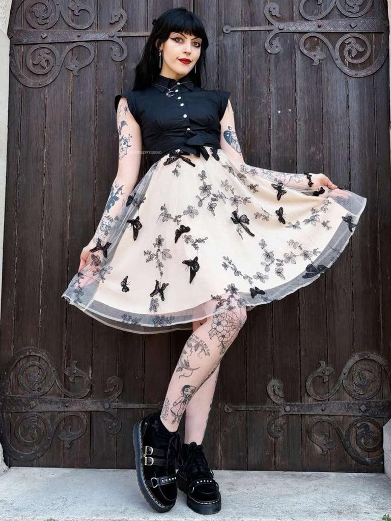 50er Kleid mit Schmetterlings und Patchwork in Schwarz