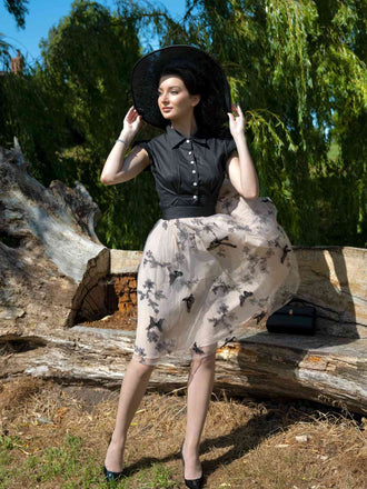 1950ER SCHWARZES SCHMETTERLINGS PATCHWORK KLEID