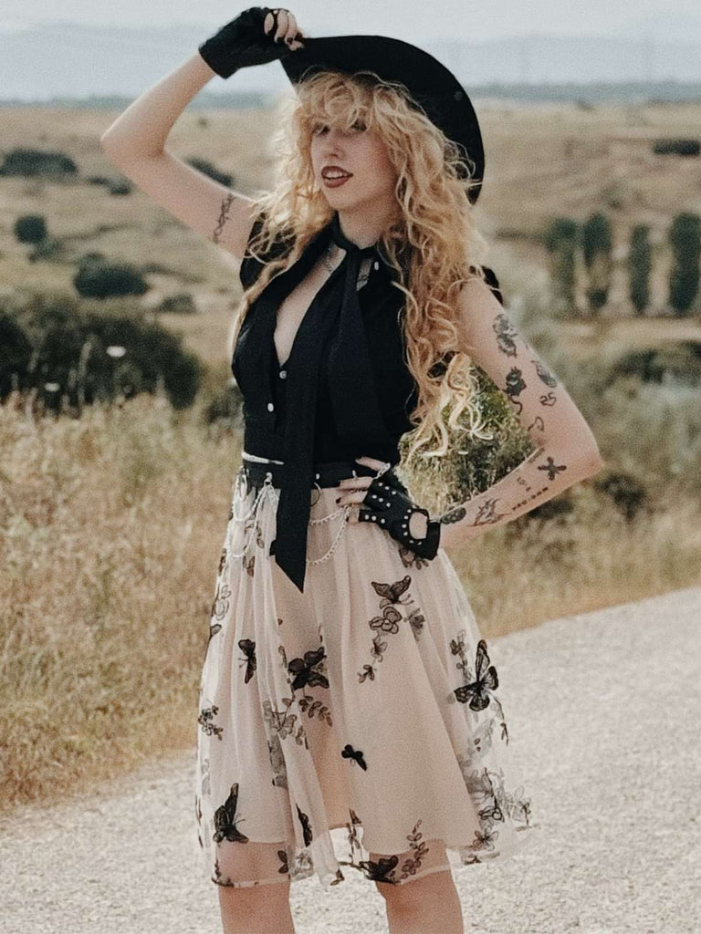 50er Kleid mit Schmetterlings und Patchwork in Schwarz