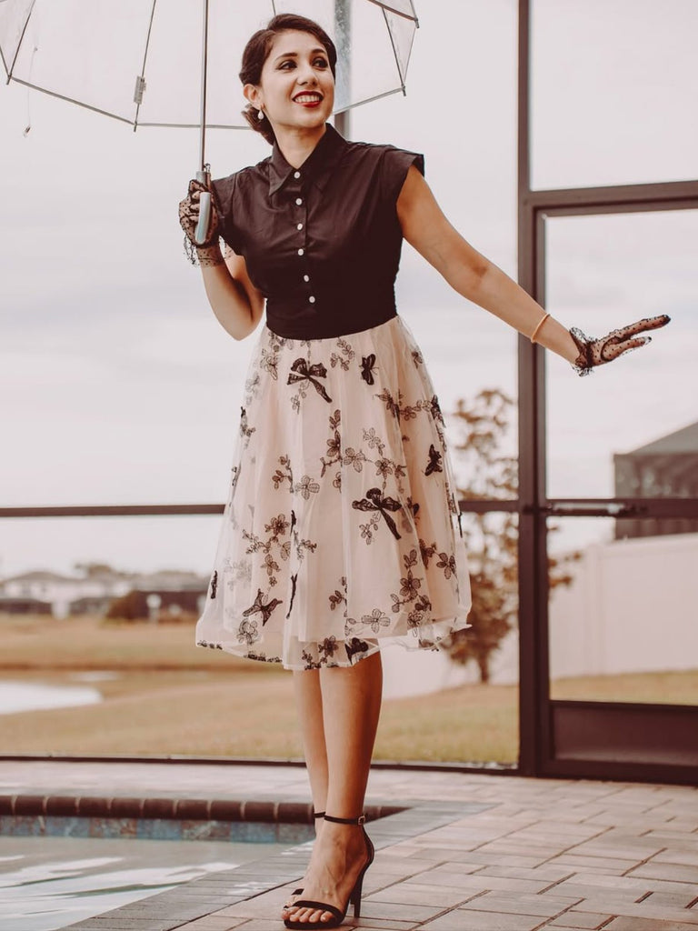 1950ER SCHWARZES SCHMETTERLINGS PATCHWORK KLEID