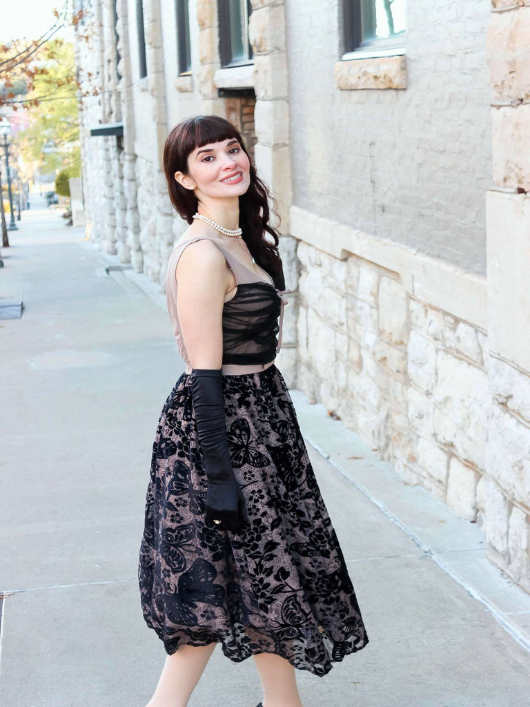 [CZ Lager] Schwarz 1950er Schmetterling Netz Nähte Kleid