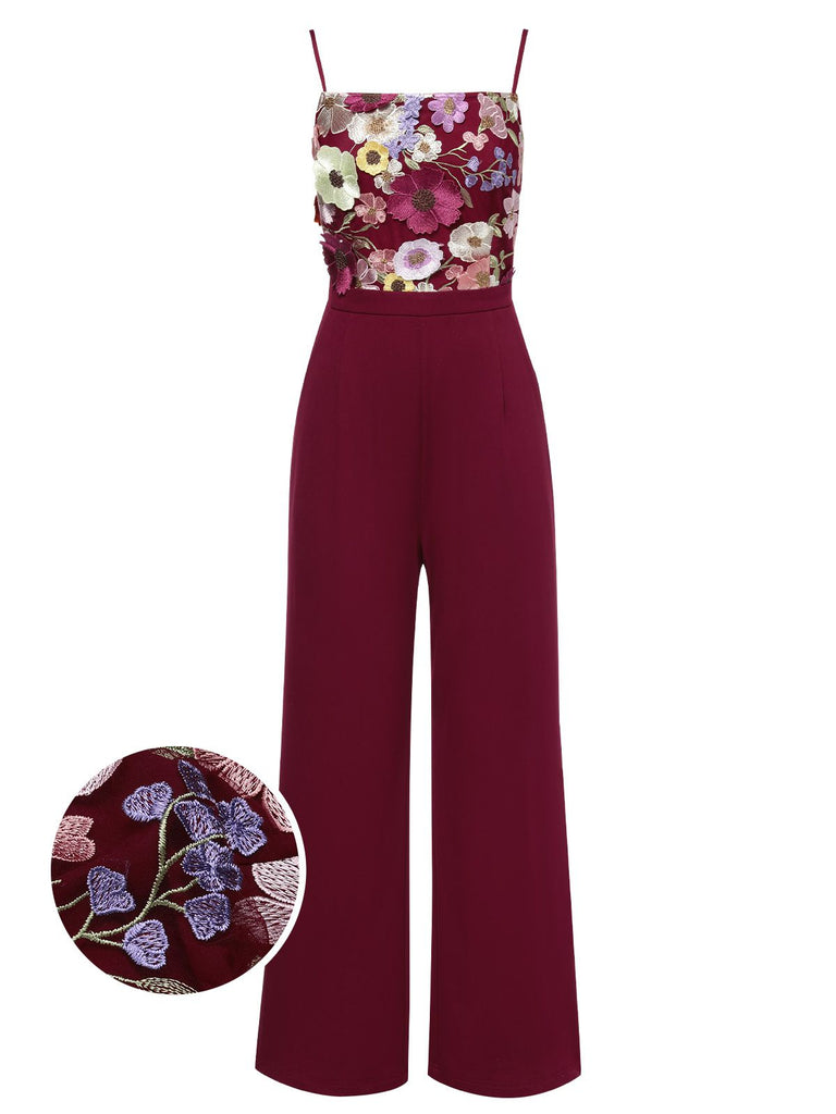 WEINROT PATCHWORK JUMPSUIT MIT BLUMEN-3D-RIEMEN