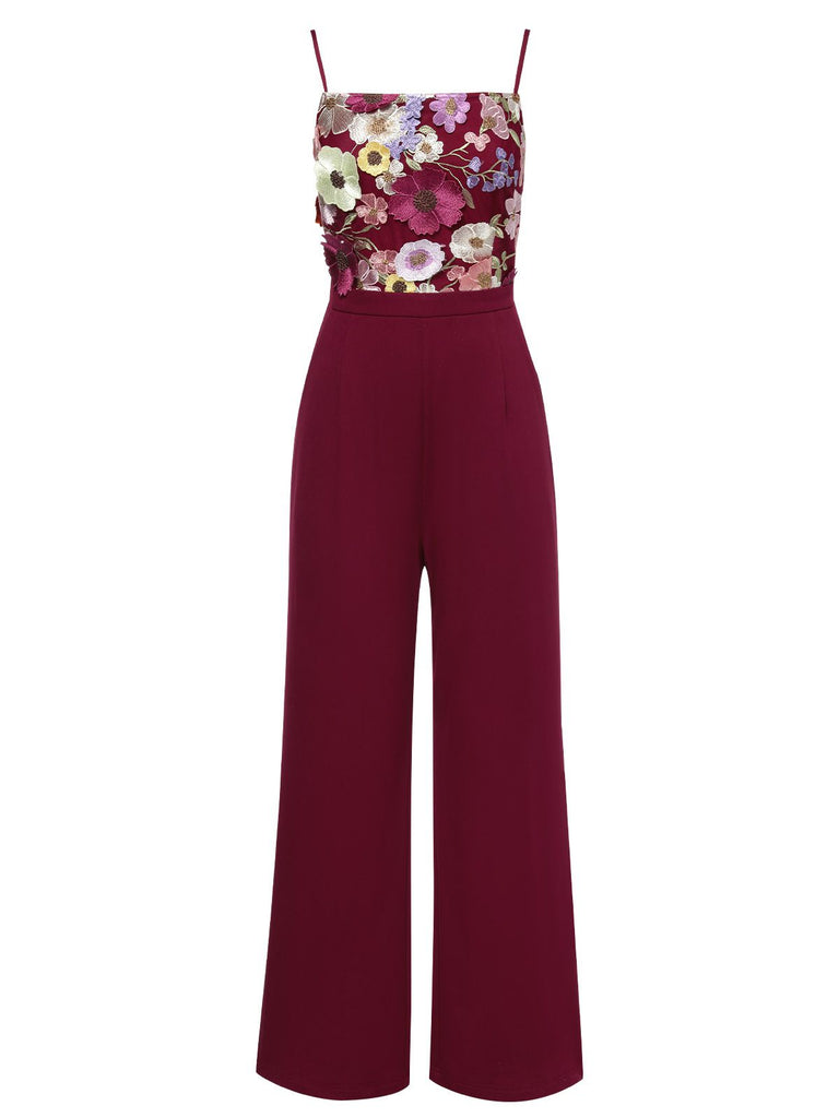 WEINROT PATCHWORK JUMPSUIT MIT BLUMEN-3D-RIEMEN