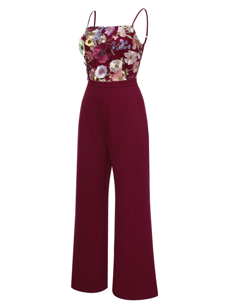 WEINROT PATCHWORK JUMPSUIT MIT BLUMEN-3D-RIEMEN