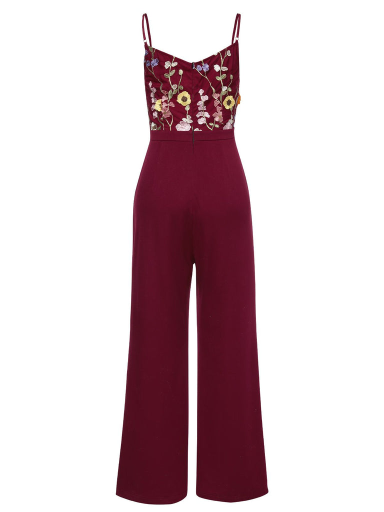 WEINROT PATCHWORK JUMPSUIT MIT BLUMEN-3D-RIEMEN