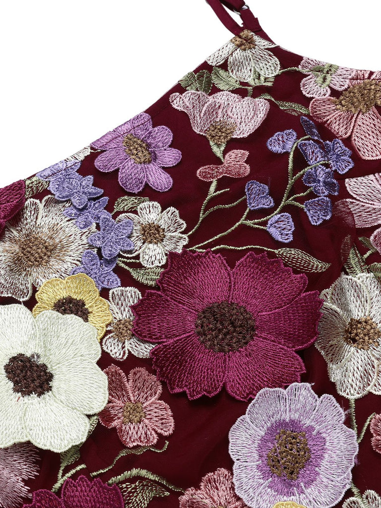 WEINROT PATCHWORK JUMPSUIT MIT BLUMEN-3D-RIEMEN