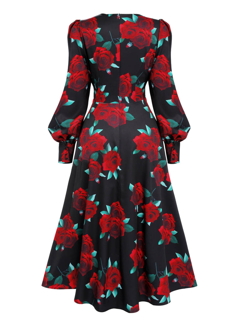 SCHWARZES ROSEN LATERNEN ÄRMEL SCHNÜRKLEID