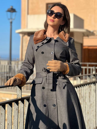 Grau 1930er Kunstpelz Revers Kragen Mantel