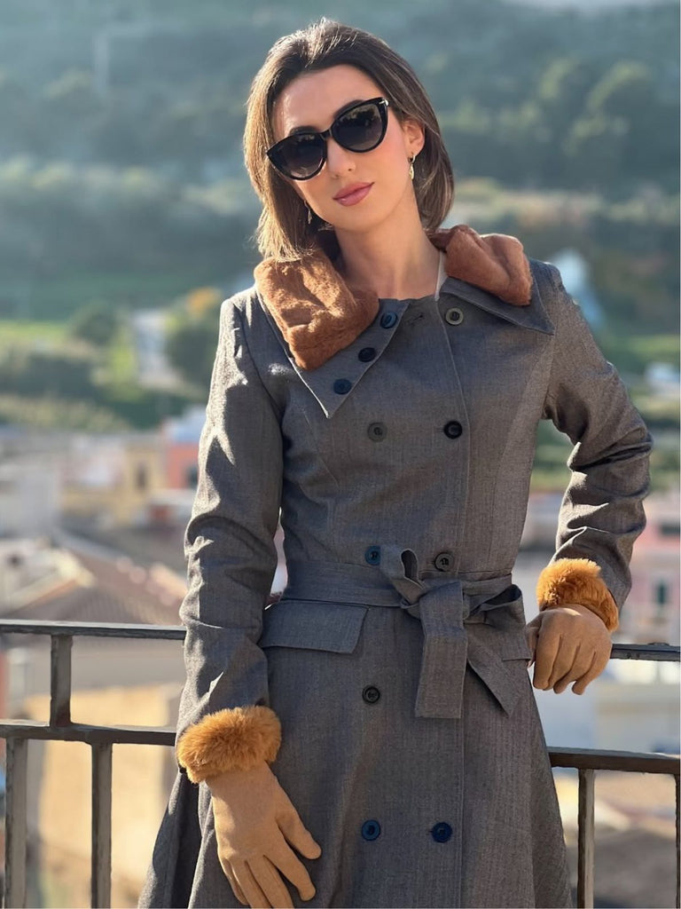 Grau 1930er Kunstpelz Revers Kragen Mantel