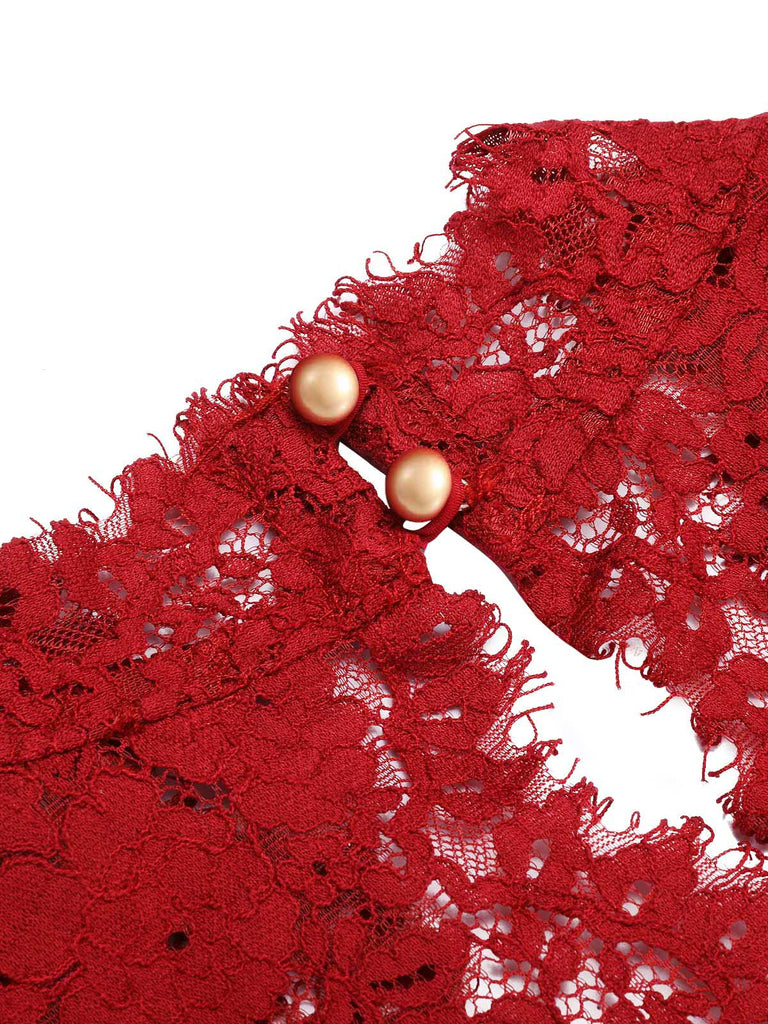 ROTER SPITZE LANGARM PATCHWORK BLEISTIFTKLEID