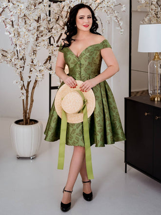 1950ER GRÜNES SCHULTERFREIES VINTAGE Schmetterling KLEID