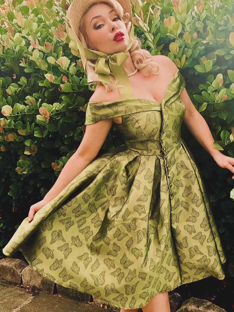 1950ER GRÜNES SCHULTERFREIES VINTAGE Schmetterling KLEID