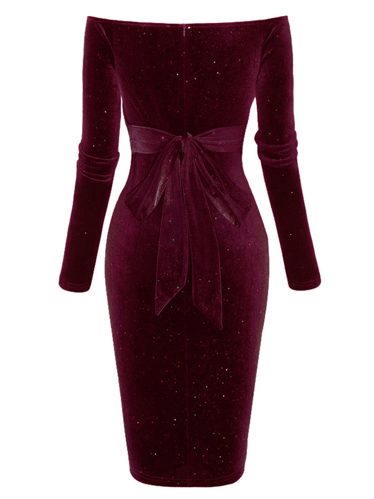 Weinrot 1960er Solide Schulterfrei Samt Kleid