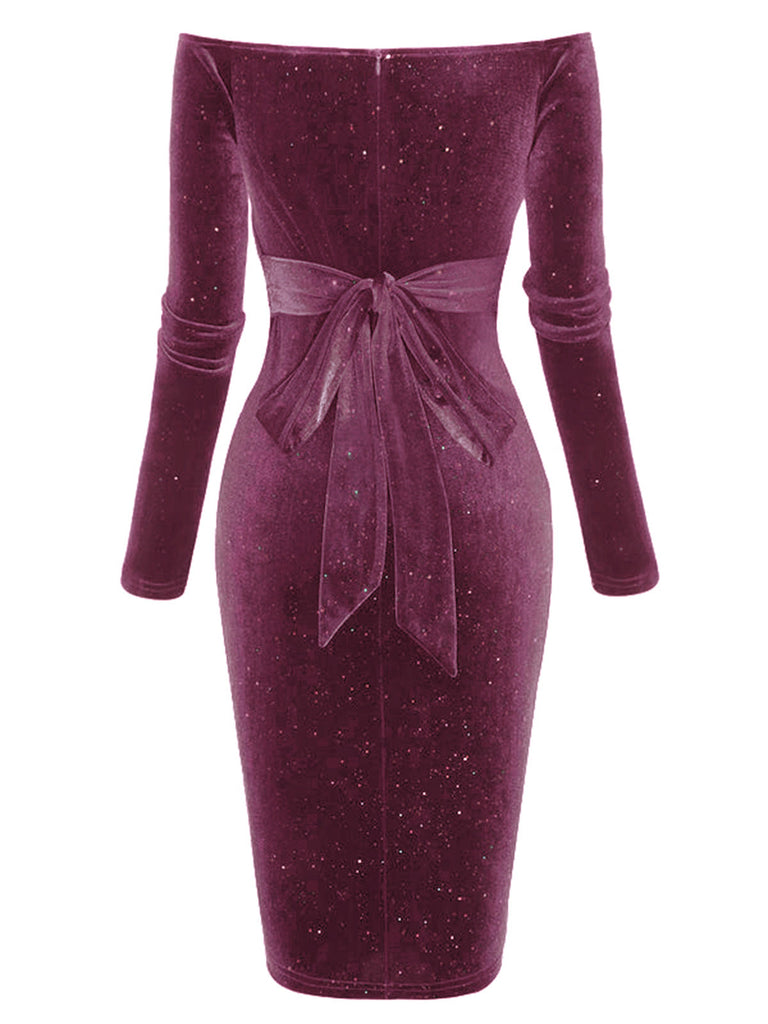 Lila 1960er Solide Schulterfreies Samt Bleistiftkleid