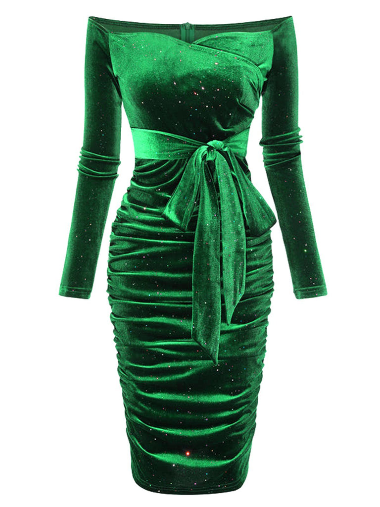 Lila 1960er Solide Schulterfreies Samt Bleistiftkleid