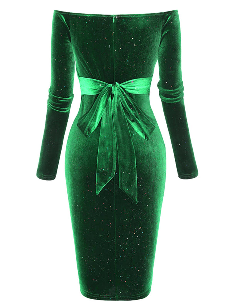 Lila 1960er Solide Schulterfreies Samt Bleistiftkleid