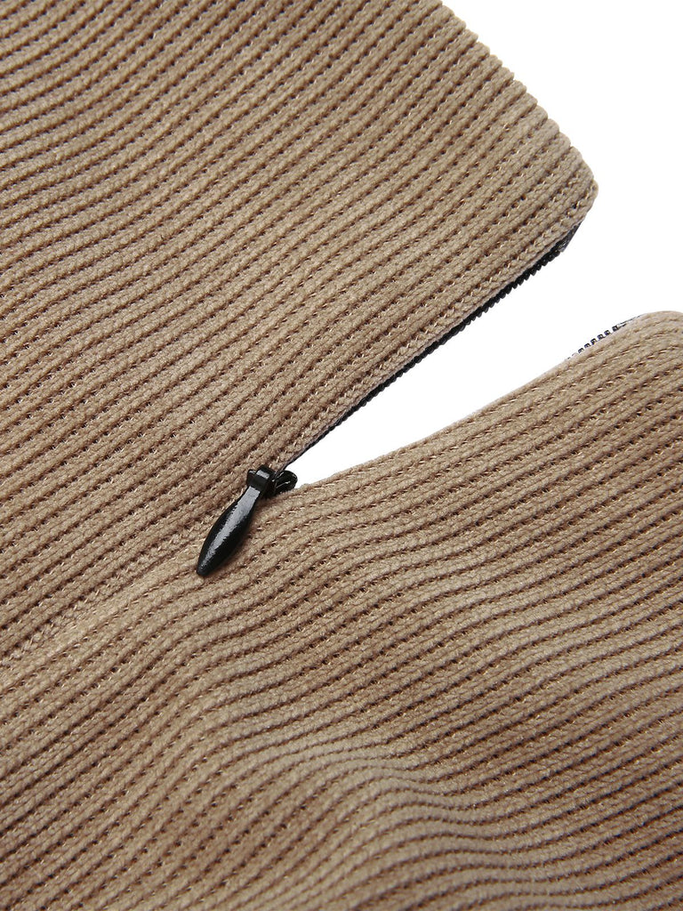 KHAKIFARBENES STRICKLEDER PATCHWORK KLEID