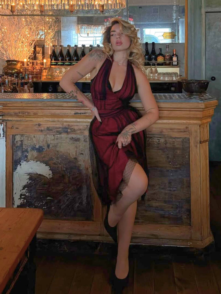 Dunkelrot 1950er Tupfen Netz Swing Kleid