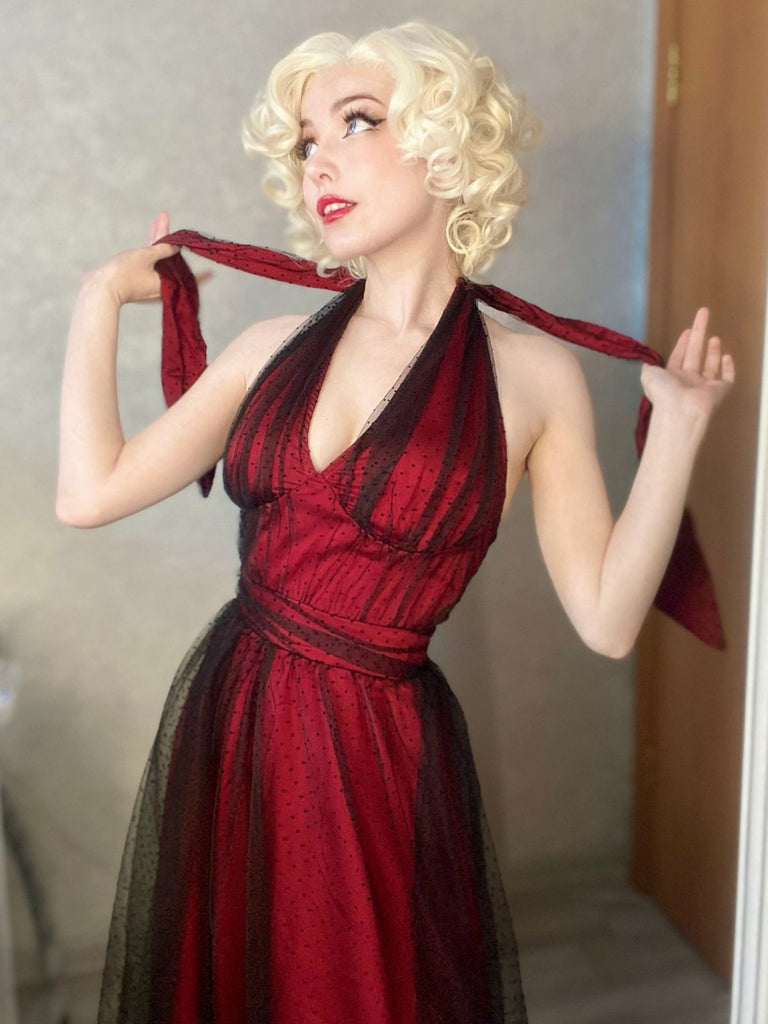 Dunkelrot 1950er Tupfen Netz Swing Kleid