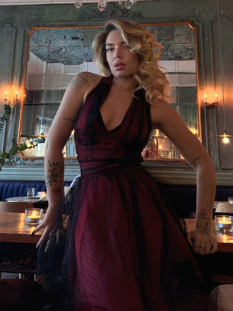 Dunkelrot 1950er Tupfen Netz Swing Kleid