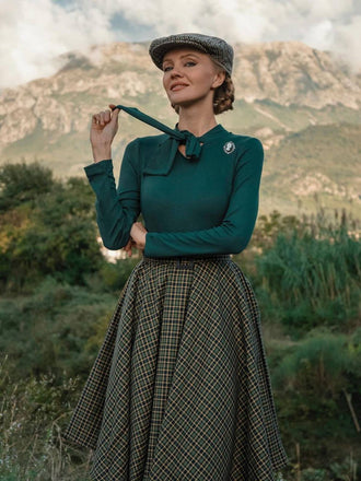 1950ER DUNKELGRÜNES KARIERTES STRICKKLEID