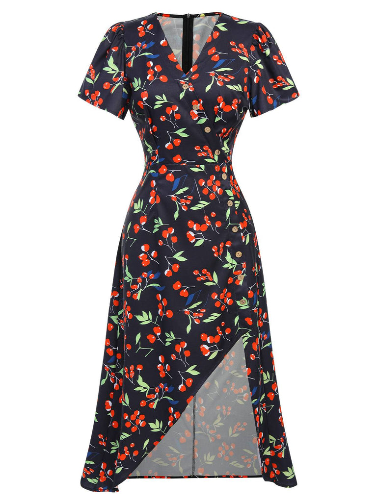 Rot 1940er Blumen V-Ausschnitt Knopf Kleid