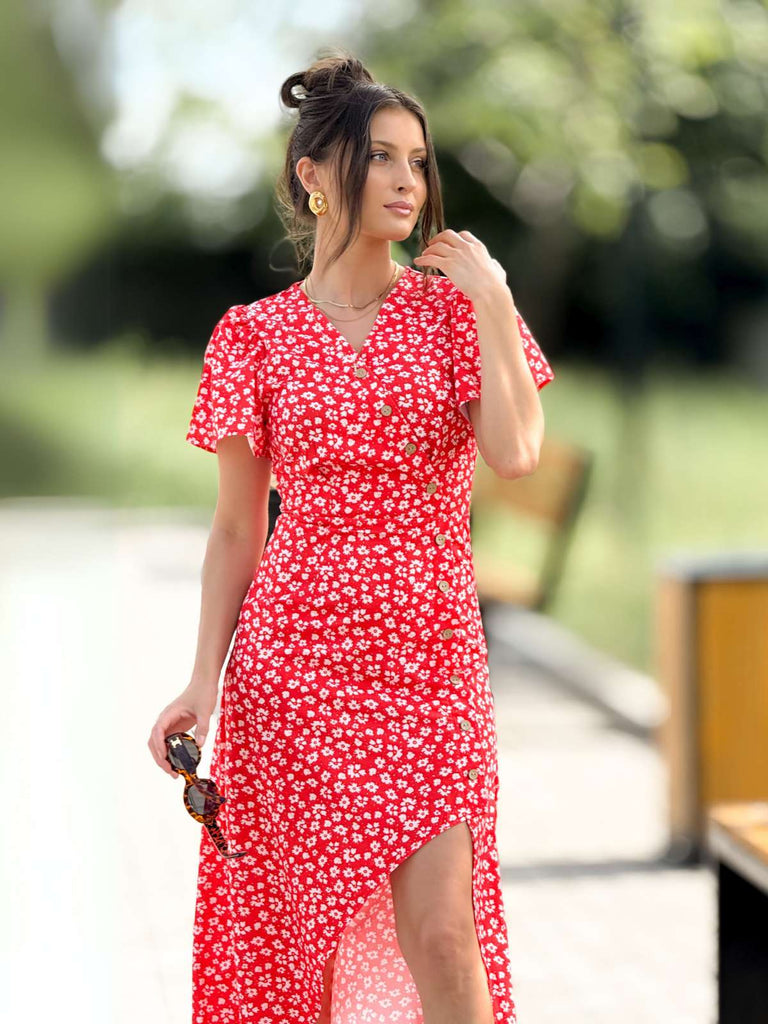 Rotes Geblümtes V-Ausschnitt-Knopfkleid 1930er