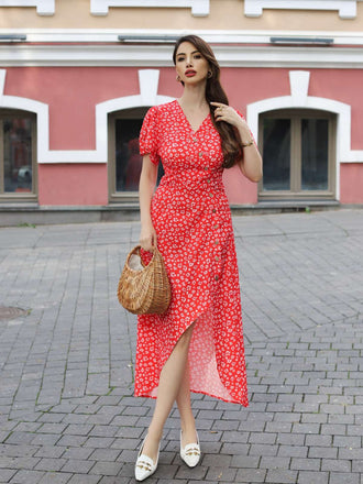 Rot 1940er Blumen V-Ausschnitt Knopf Kleid