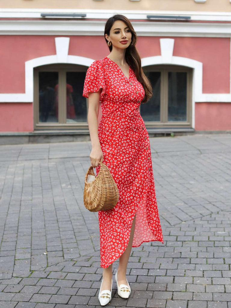 Rotes Geblümtes V-Ausschnitt-Knopfkleid 1930er