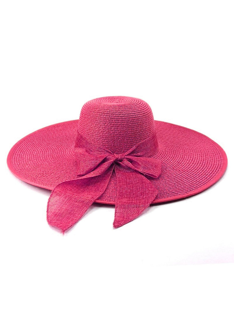 Rosa Raffia-Sonnenhut mit breiter Krempe und Band