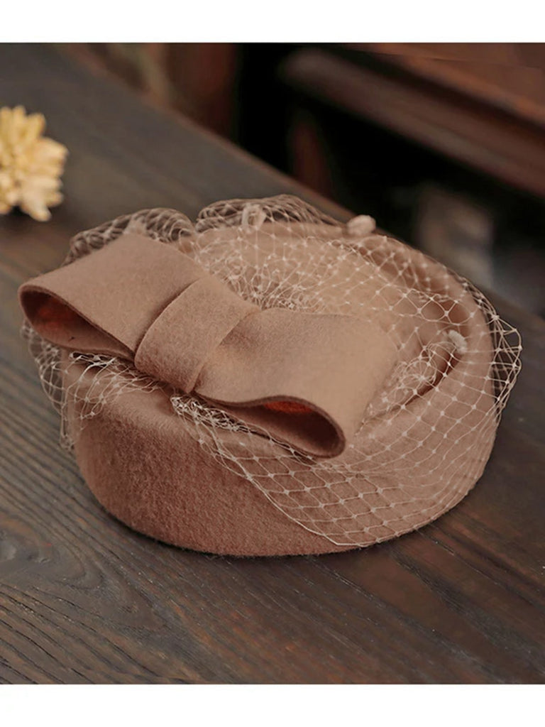 RETRO WOLLMÜTZE MIT SCHLEIFE AUS NETZSTOFF