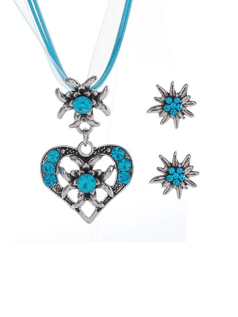 Oktoberfest Strassstein Edelweiß Herz Schleife Halskette & Ohrring Set