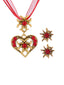Flammenrot Oktoberfest Strassstein Edelweiß Herz Schleife Halskette & Ohrring Set